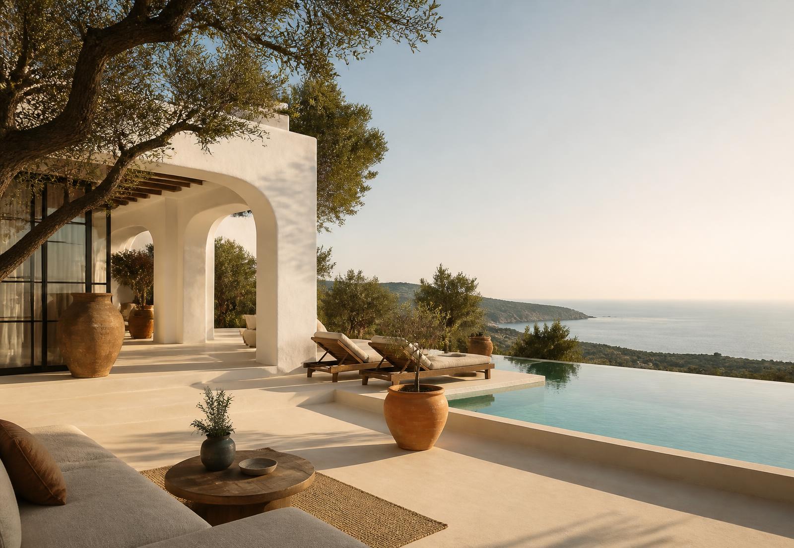 Sunlit Mediterranean villa terrace with infinity pool overlooking the Spanish coast